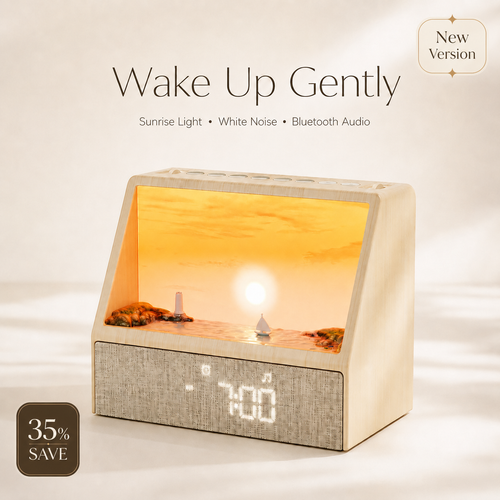 A wooden sunrise alarm clock with a built-in diorama showing a sunset over the ocean, placed on a light beige surface. The clock has a textured gray front panel with a digital LED display showing 7:00.
