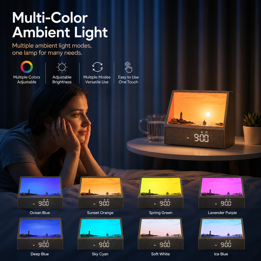A bedroom scene showing a small rectangular digital night light on a bedside table next to a woman resting at night. The product has a dark wood-grain exterior and a glowing multicolor ambient light display.